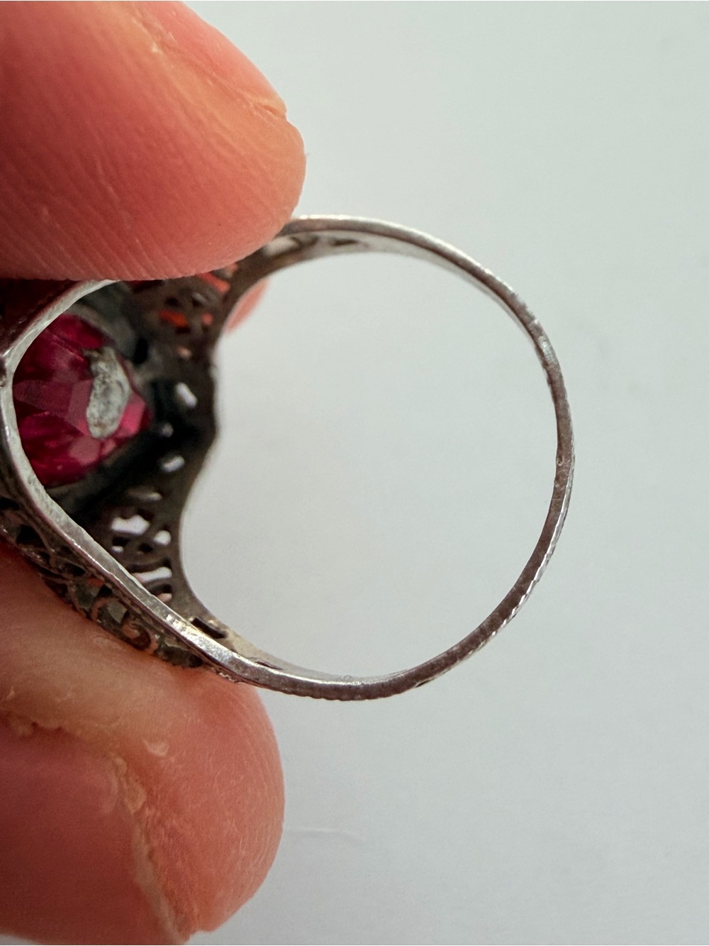 Antique Edwardian Pink-Red Sunburst Glass Filigree Marquise Ring - Picture 9 of 13